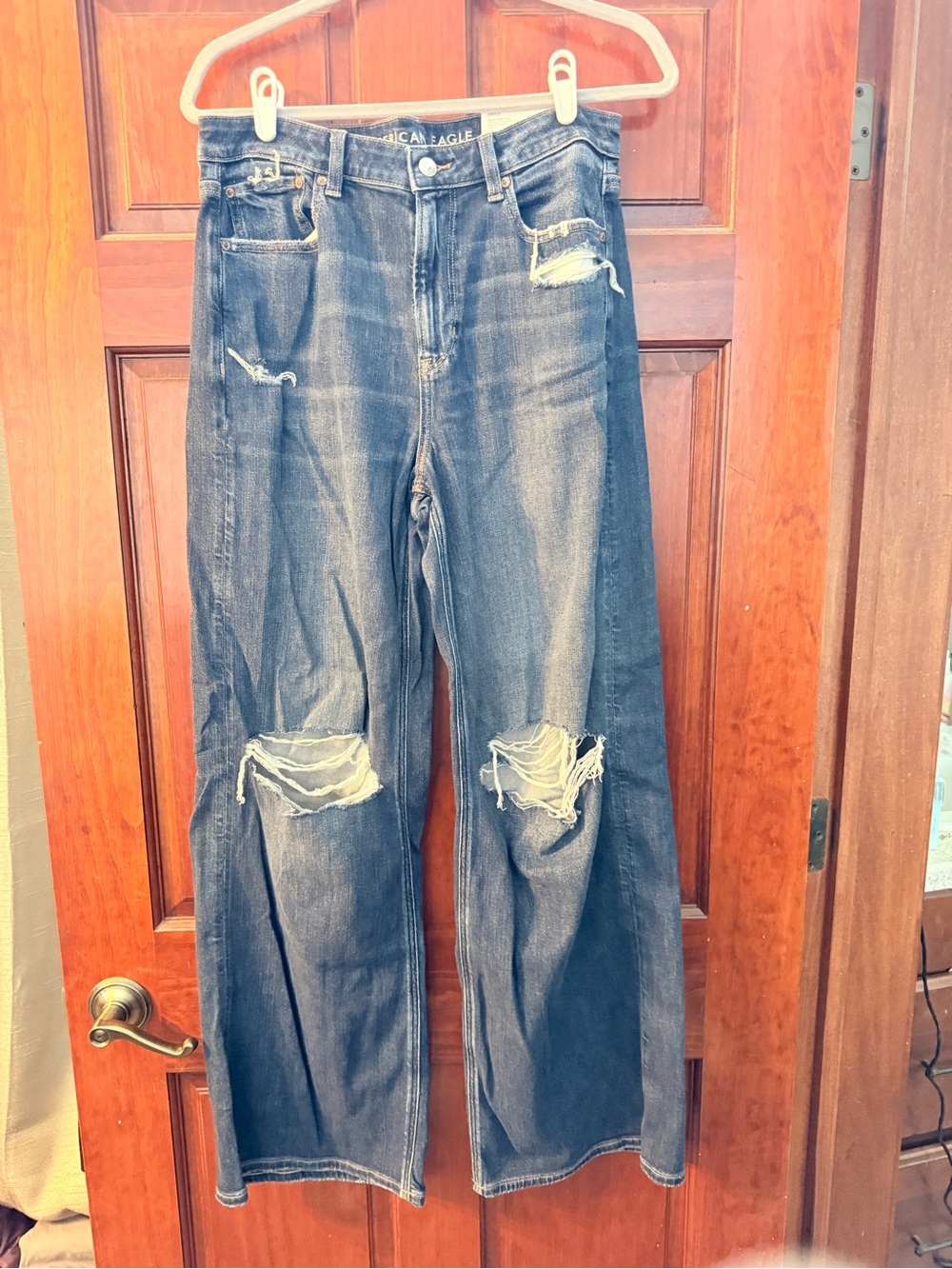 American Eagle Outfitters Dark Blue Wide-Leg Distressed Jeans